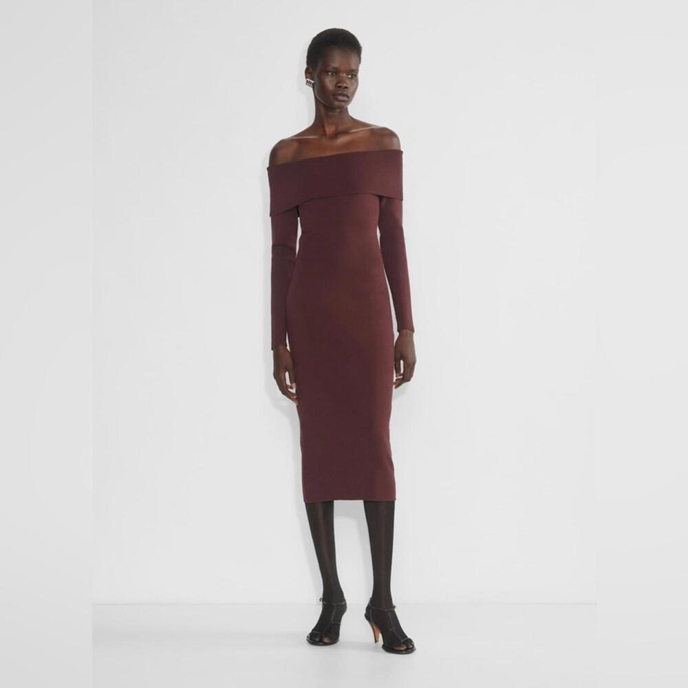 Aritzia Off-Shoulder Midi Dress in Deep Burgundy